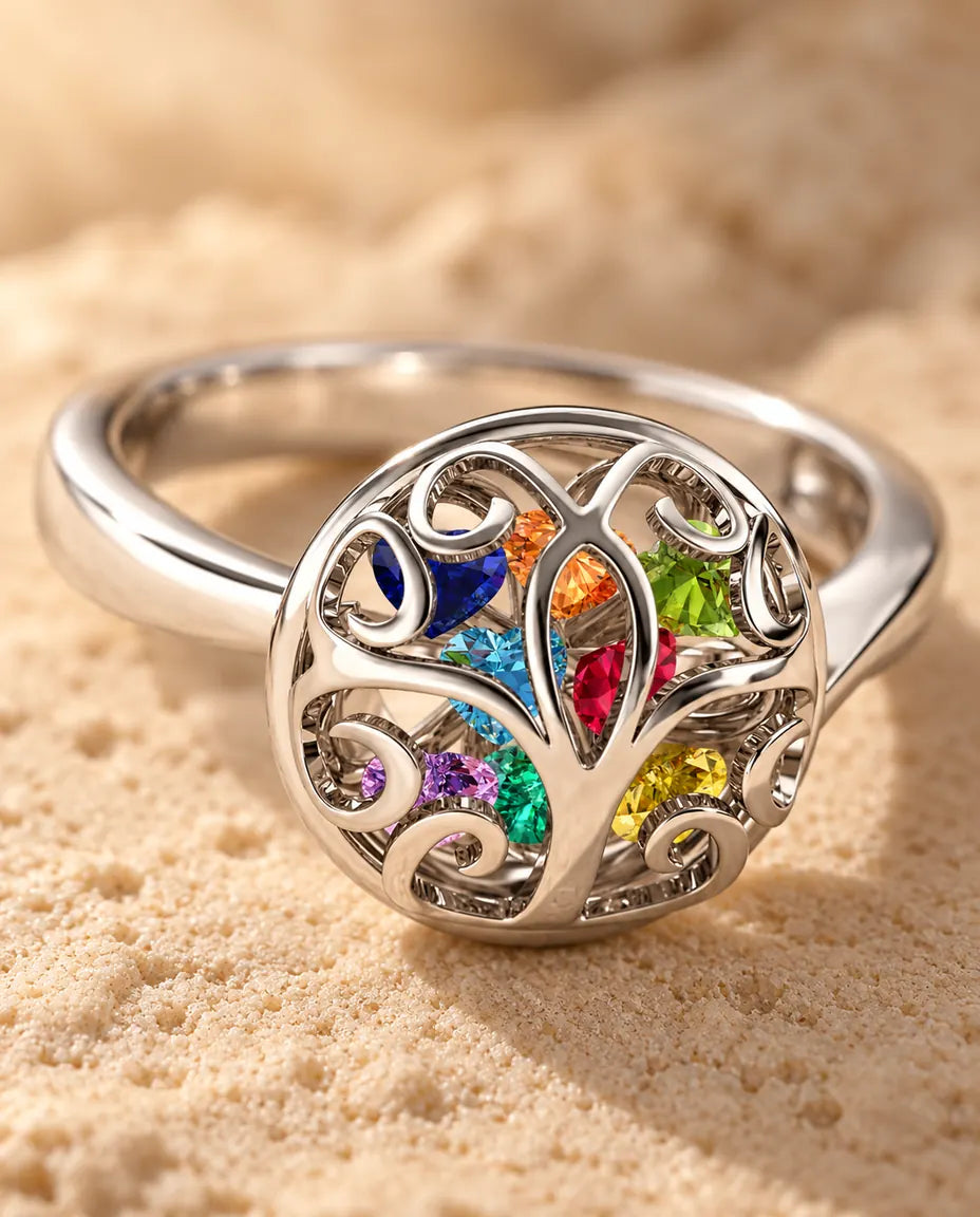 Personalised Birthstone Ring for Mum - close-up of the birthstones and engraved names