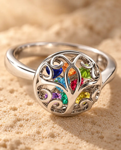 Personalised Birthstone Ring for Mum - close-up of the birthstones and engraved names