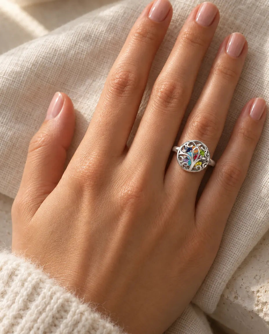 Personalised Birthstone Ring for Mum - worn on the hand, close-up