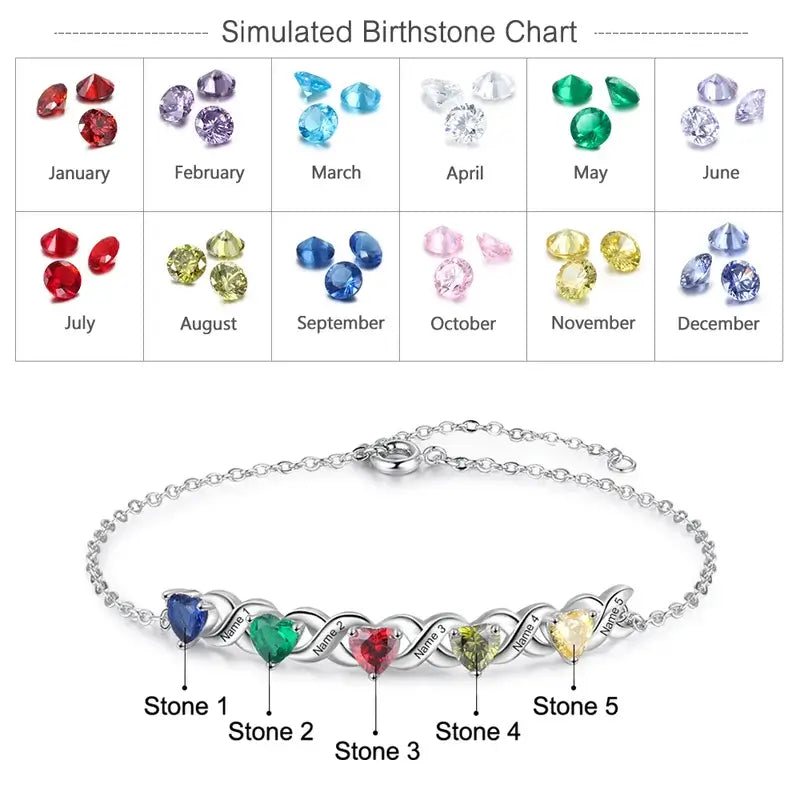 Personalised 2-7 Birthstone Bracelet with Engraved Names | 3 Colours