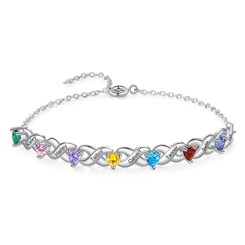 Personalised 2-7 Birthstone Bracelet with Engraved Names | 3 Colours