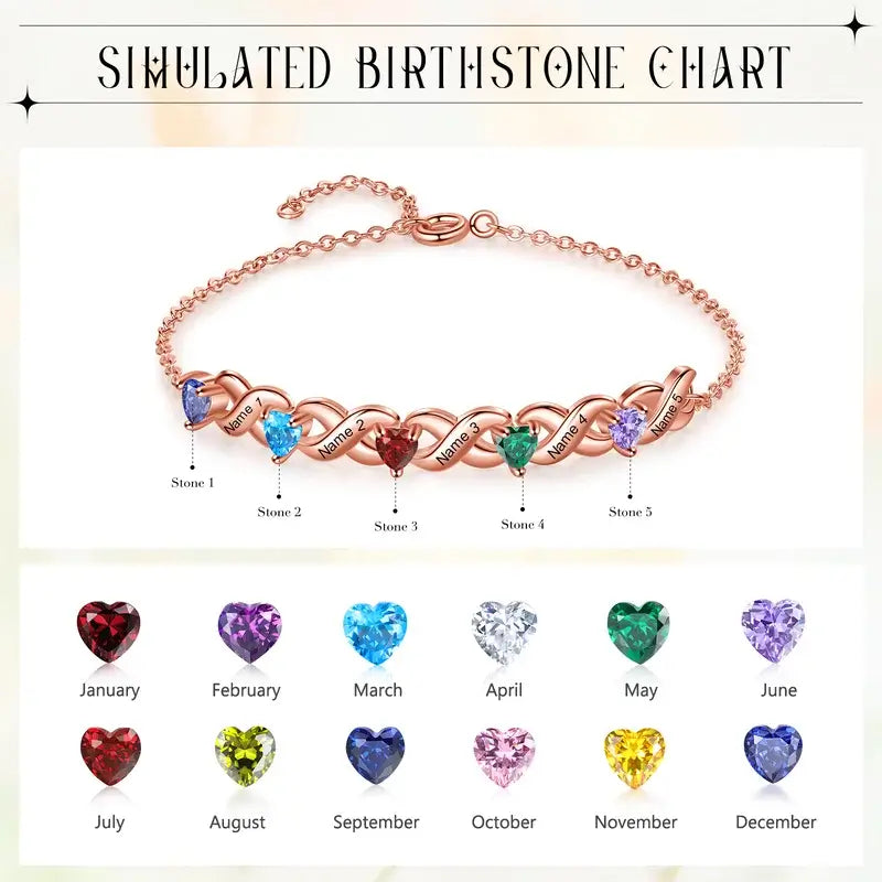 Personalised 2-7 Birthstone Bracelet with Engraved Names | 3 Colours