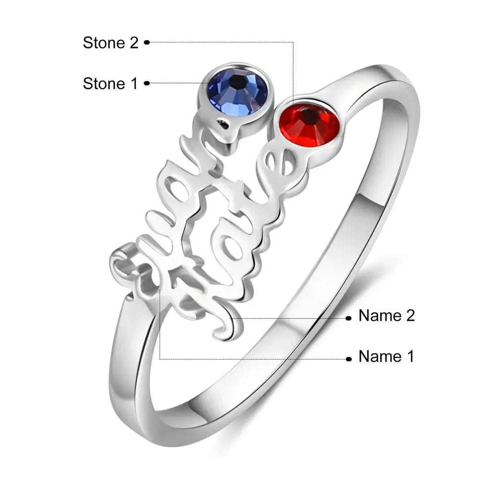 Personalised 2 Name Ring for Mum, Customised Ring with Name, Personalised Birthstone Ring