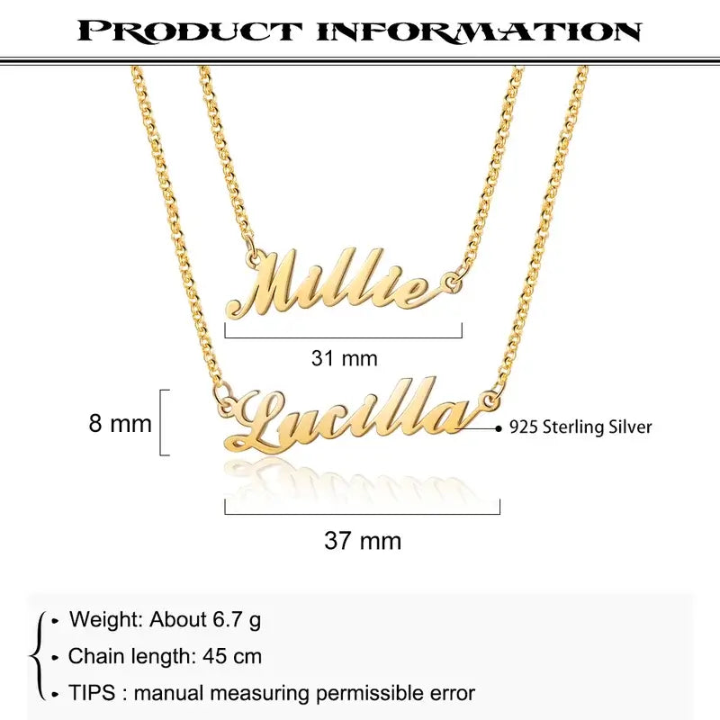 Personalised 2 Layer Name Necklace 925 Sterling Silver | Double Name Necklace | Name Necklace Silver/Rose Gold/Yellow Gold