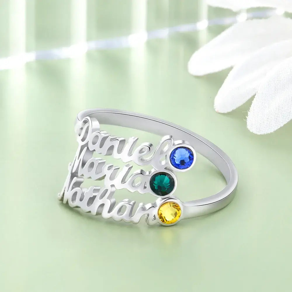 Personalised 3 Name Ring for Mum, Customised Ring with Name, Personalised Birthstone Ring