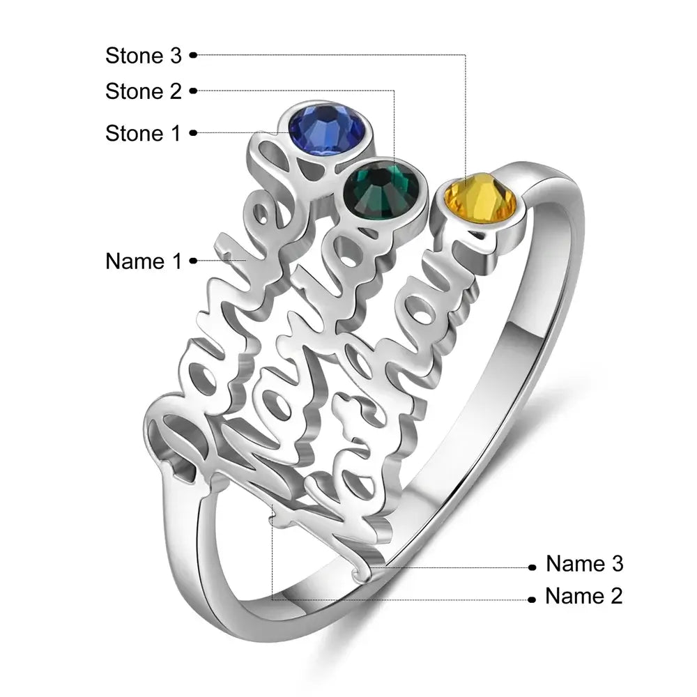 Personalised 3 Name Ring for Mum, Customised Ring with Name, Personalised Birthstone Ring