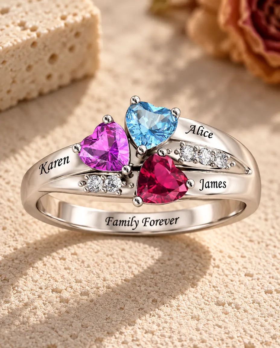 Personalised Ring for Mum - three-quarter view showing names and birthstones