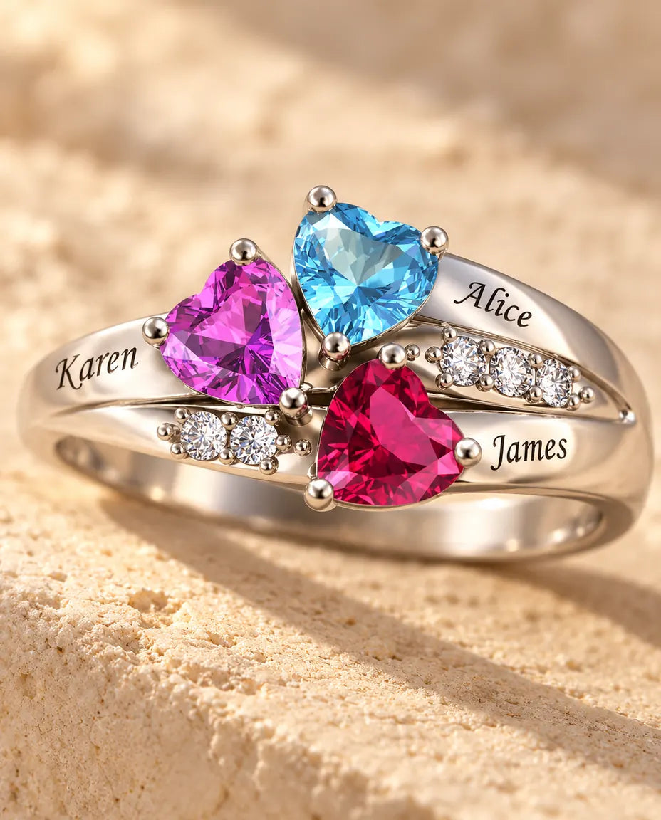 Personalised Ring for Mum - close-up of the birthstones and engraved names