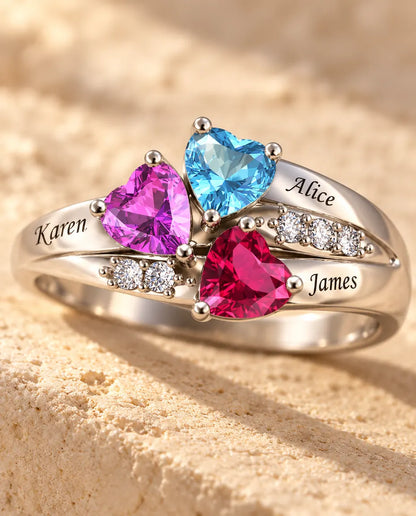 Personalised Ring for Mum - close-up of the birthstones and engraved names