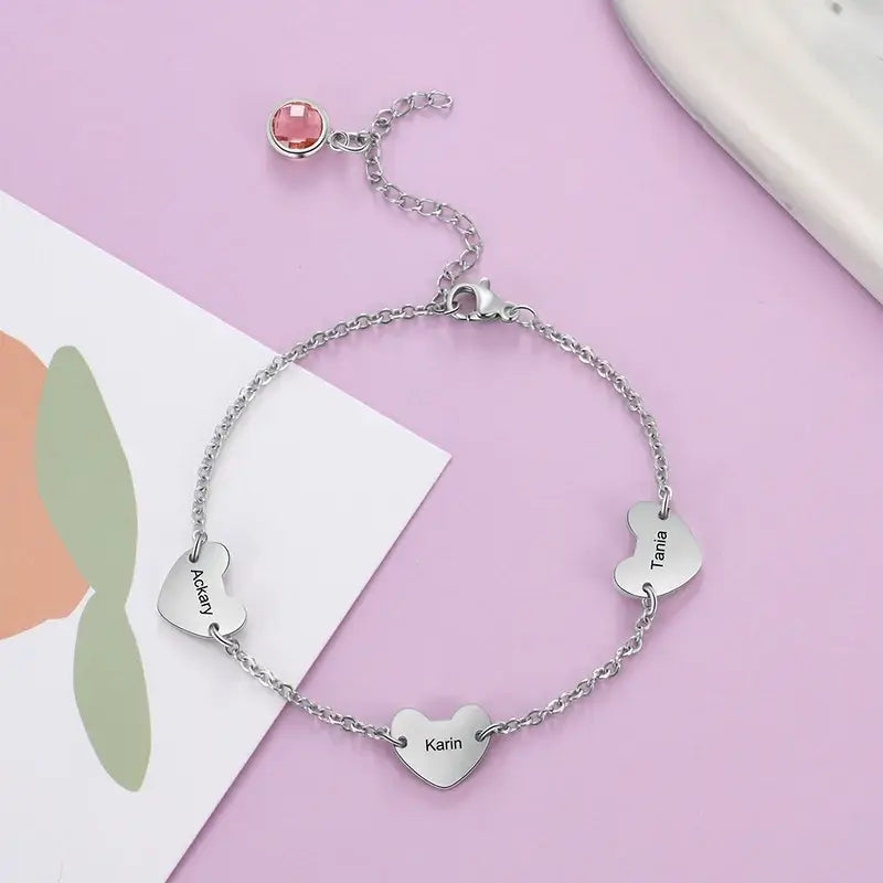 Personalised 3 Hearts Engraved Name Bracelet with Birthstone