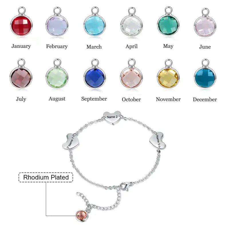 Personalised 3 Hearts Engraved Name Bracelet with Birthstone