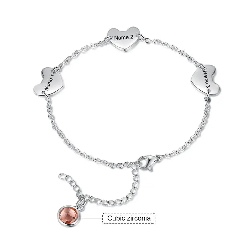Personalised 3 Hearts Engraved Name Bracelet with Birthstone