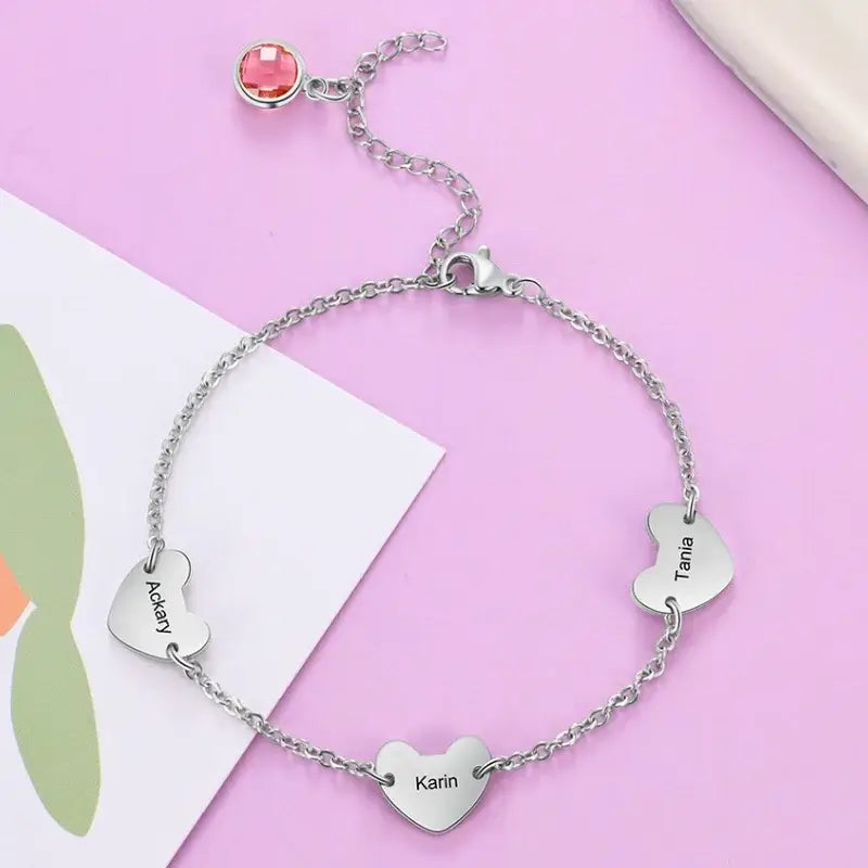 Personalised 3 Hearts Engraved Name Bracelet with Birthstone