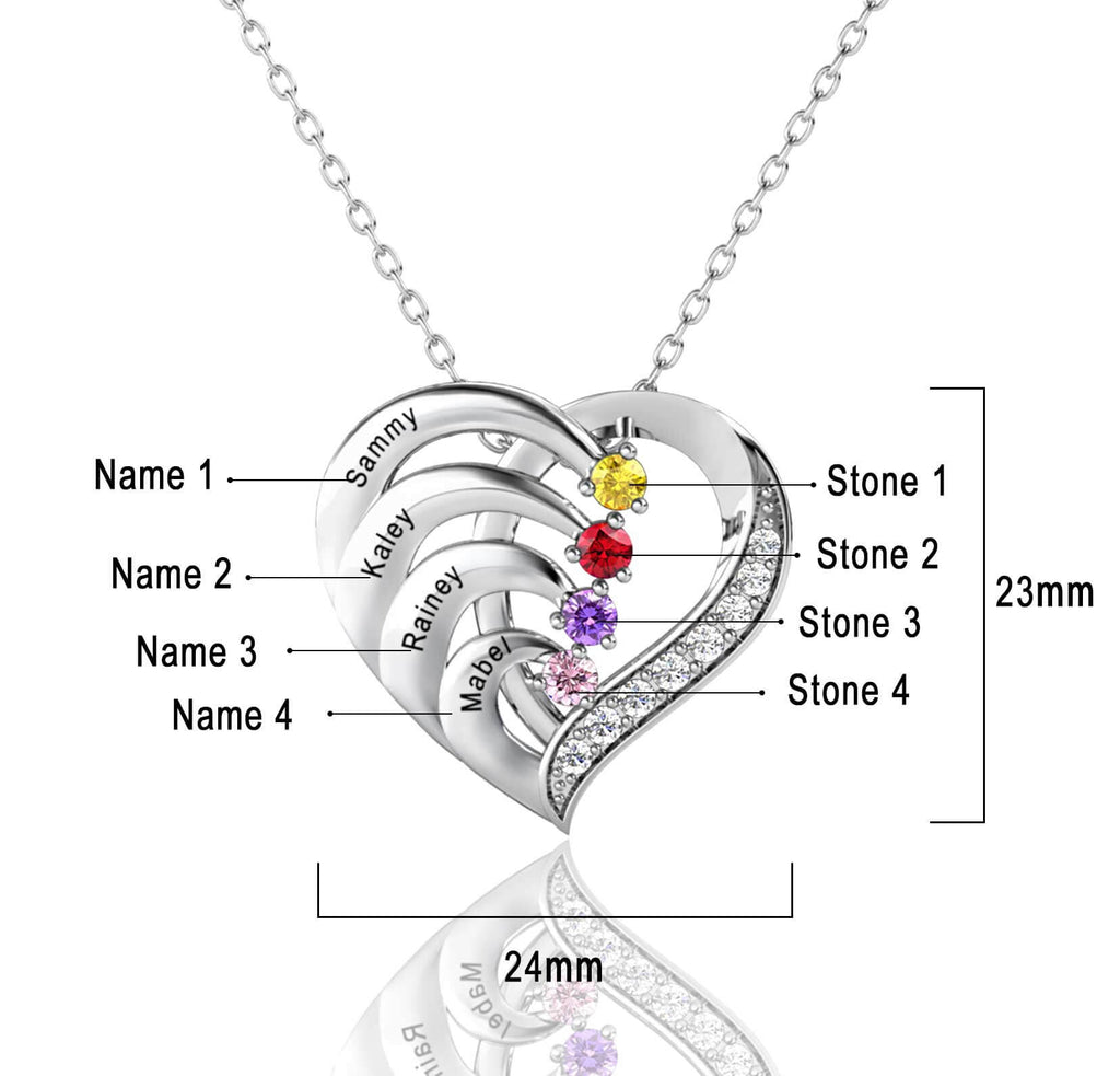 Sterling Silver Mum Necklace | Personalised Necklace - Heart Necklace with 2 Birthstones and 2 Names Sterling Silver