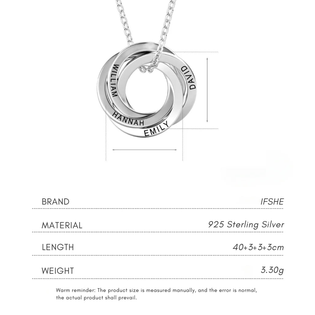 Personalised Engraved Russian Ring Necklace, Sterling Silver or Gold Vermeil, 3-5 Intertwined Circles