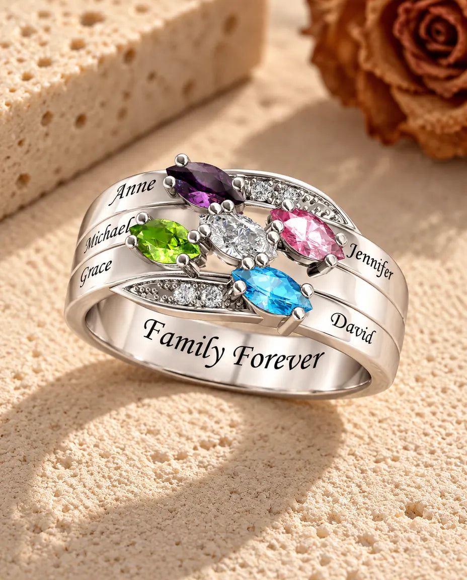 Personalised Ring for Mum - three-quarter view showing names and birthstones