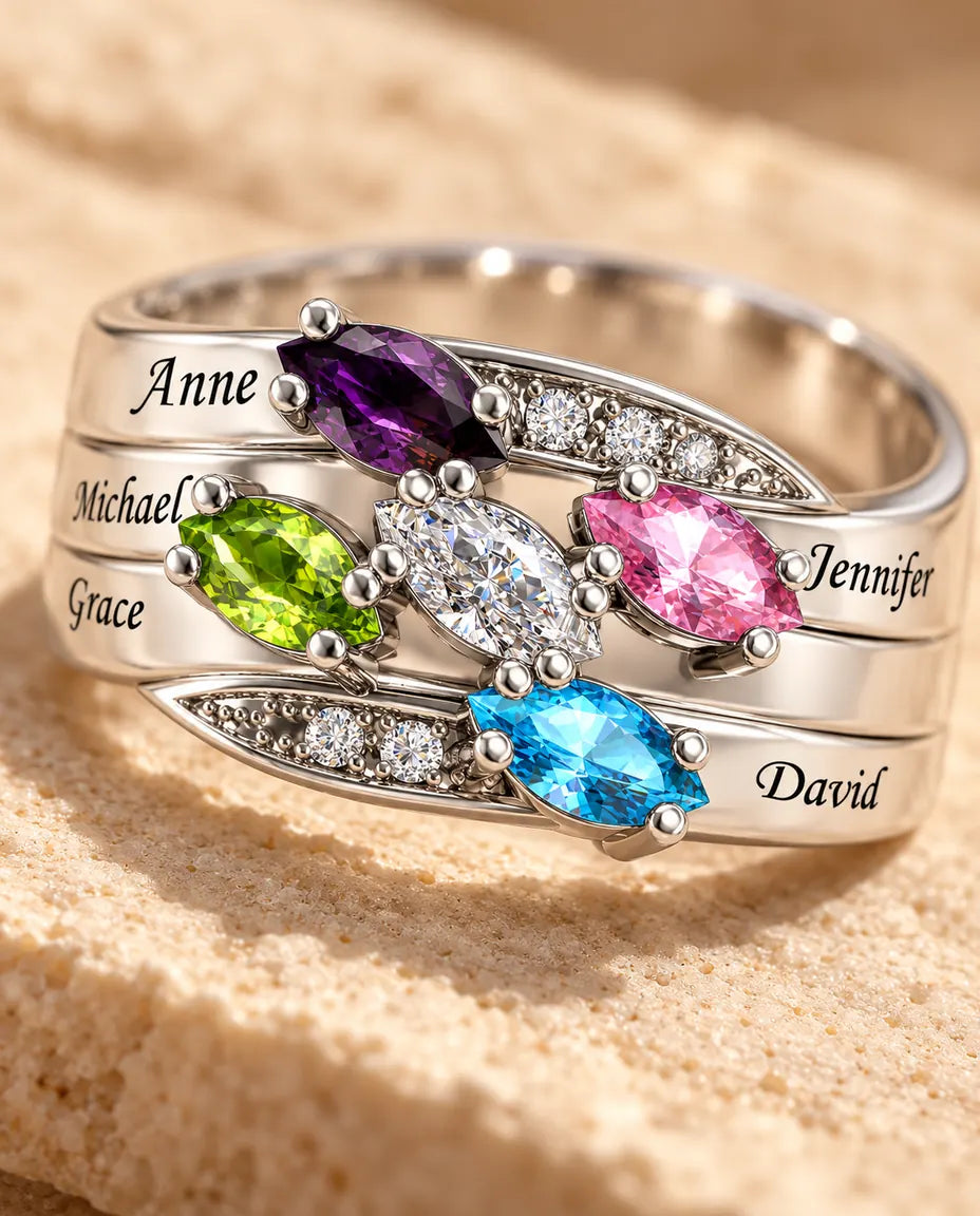 Personalised Ring for Mum - close-up of the birthstones and engraved names