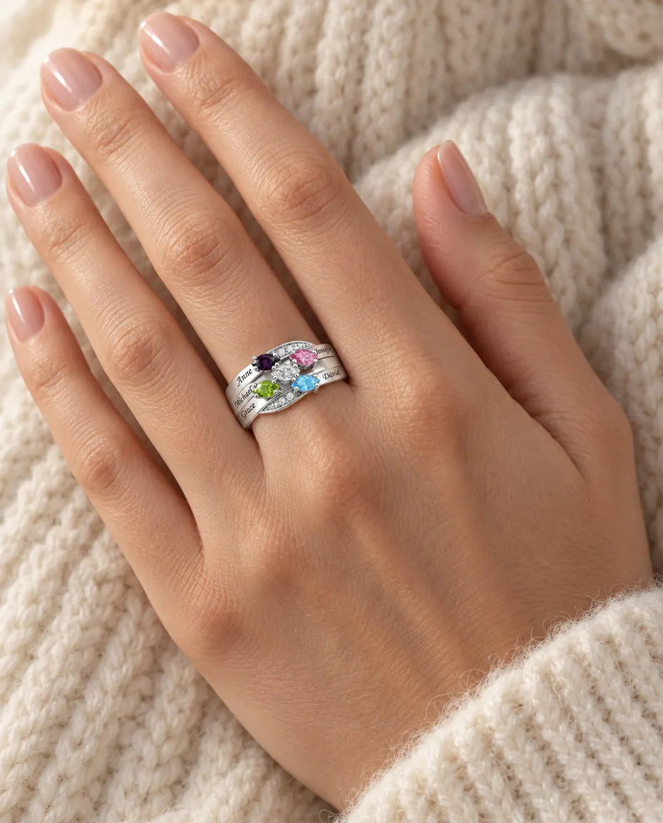 Personalised Ring for Mum - worn on the hand, close-up