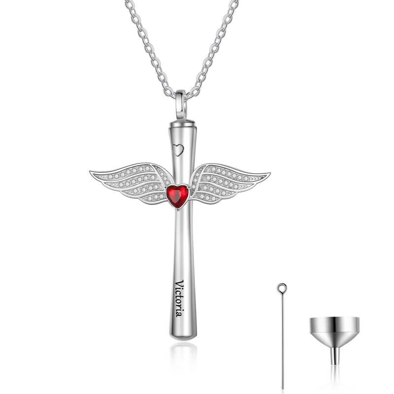 Personalised Angel Wings Ashes Necklace with Engraving and Heart Birthstone