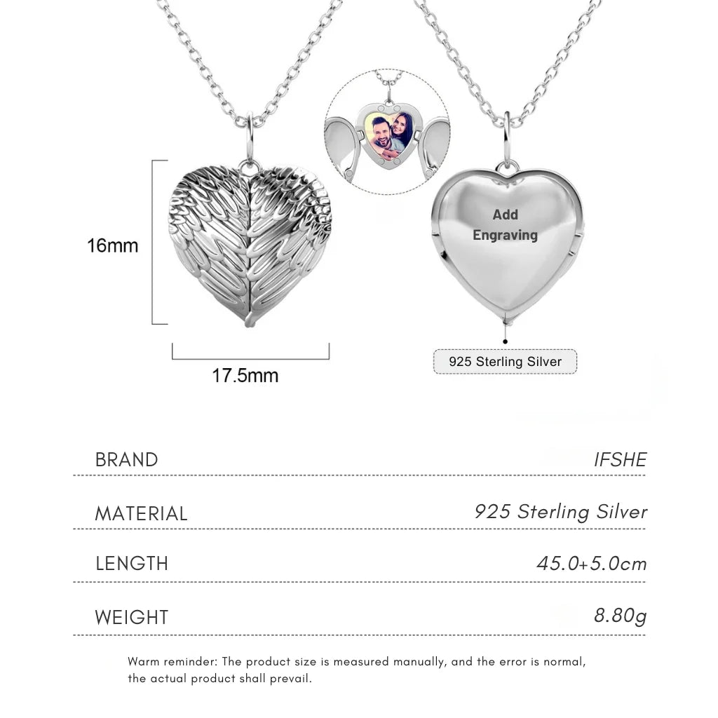 Personalised Angel Wings Photo Locket Necklace with Engraving in 925 Sterling Silver