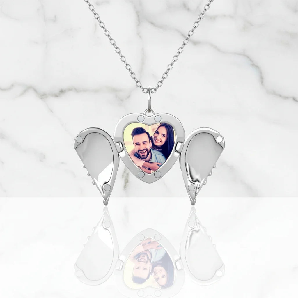 Personalised Angel Wings Photo Locket Necklace with Engraving in 925 Sterling Silver