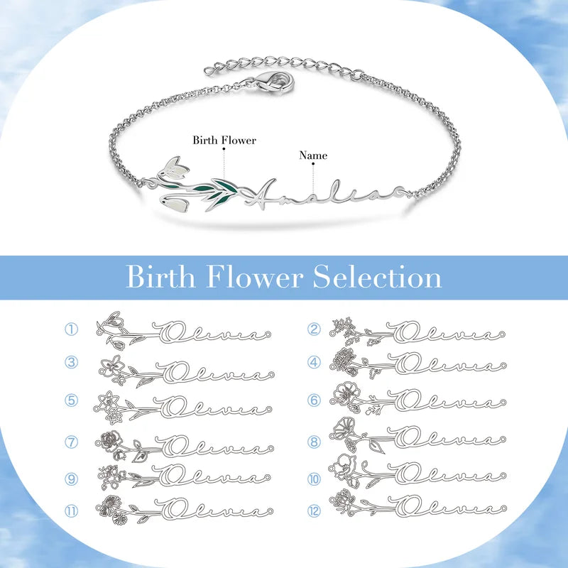 Birth Flower Personalised Name Bracelet, Personalised Birthstone Bracelet with Birth Flower, Personalised Birth Flower Jewellery for Women