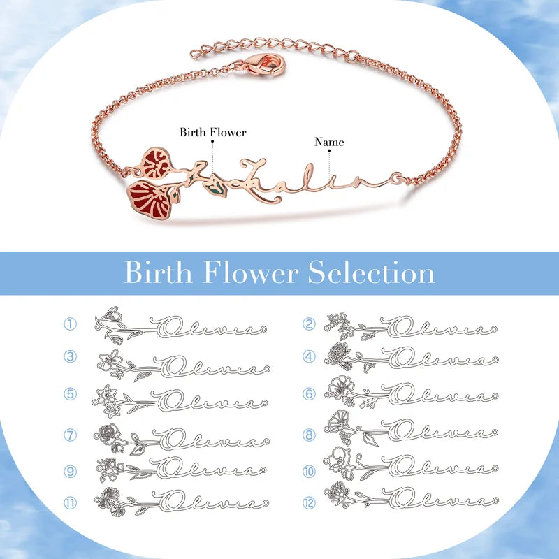 Birth Flower Personalised Name Bracelet, Personalised Birthstone Bracelet with Birth Flower, Personalised Birth Flower Jewellery for Women