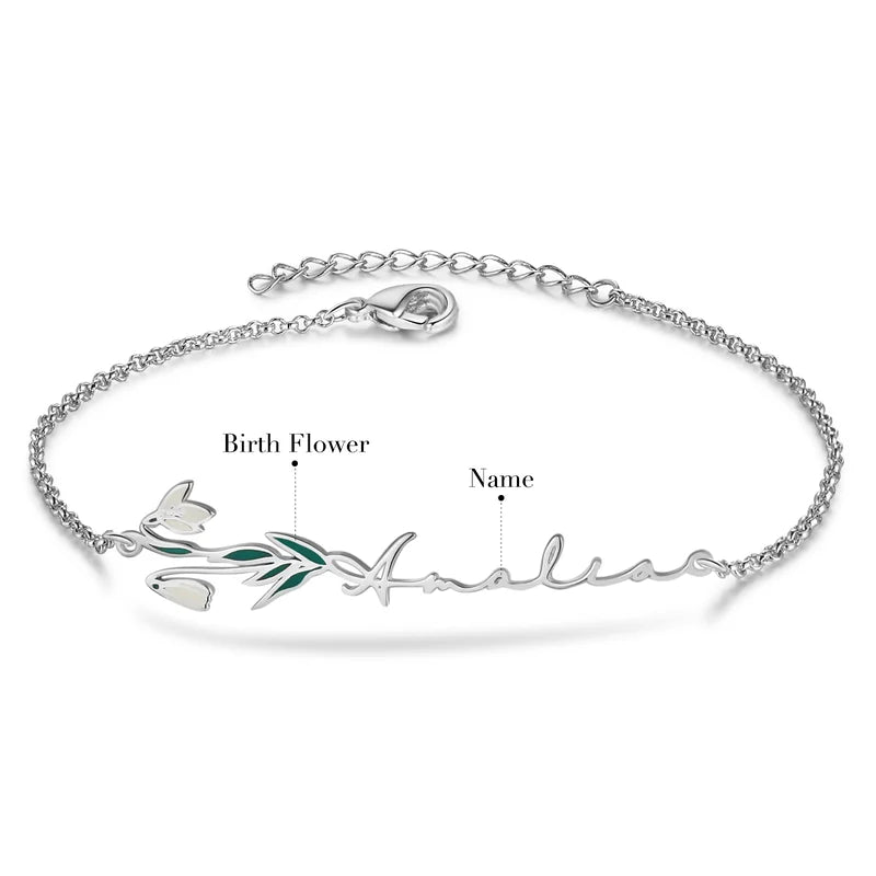 Birth Flower Personalised Name Bracelet, Personalised Birthstone Bracelet with Birth Flower, Personalised Birth Flower Jewellery for Women