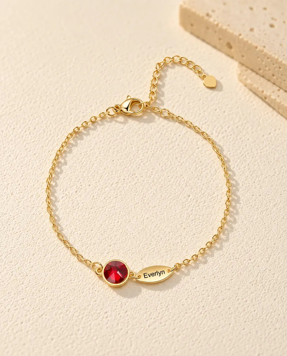 Personalised Birthstone Bracelet with Names - in gold finish