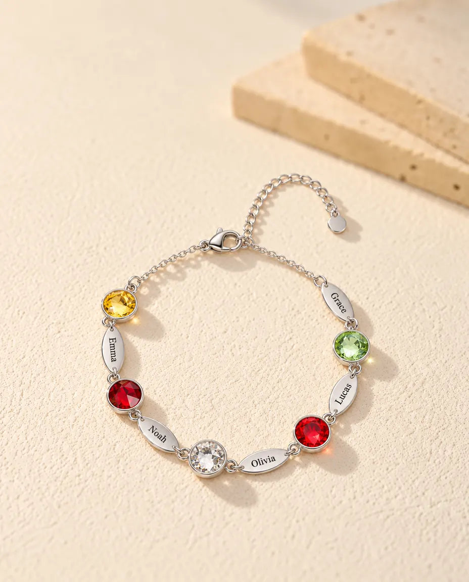 Personalised Birthstone Bracelet with Names - front view in silver