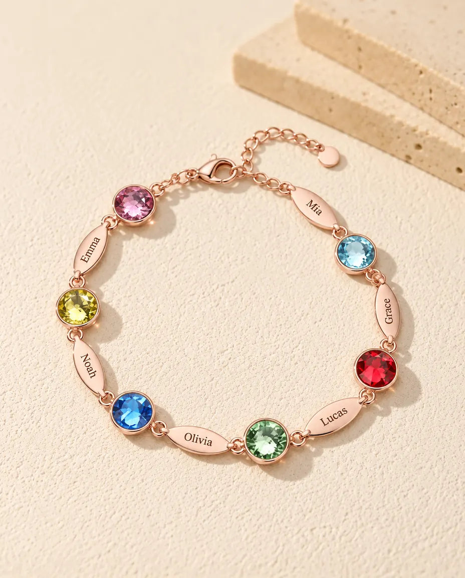 Personalised Birthstone Bracelet with Names - in rose gold finish