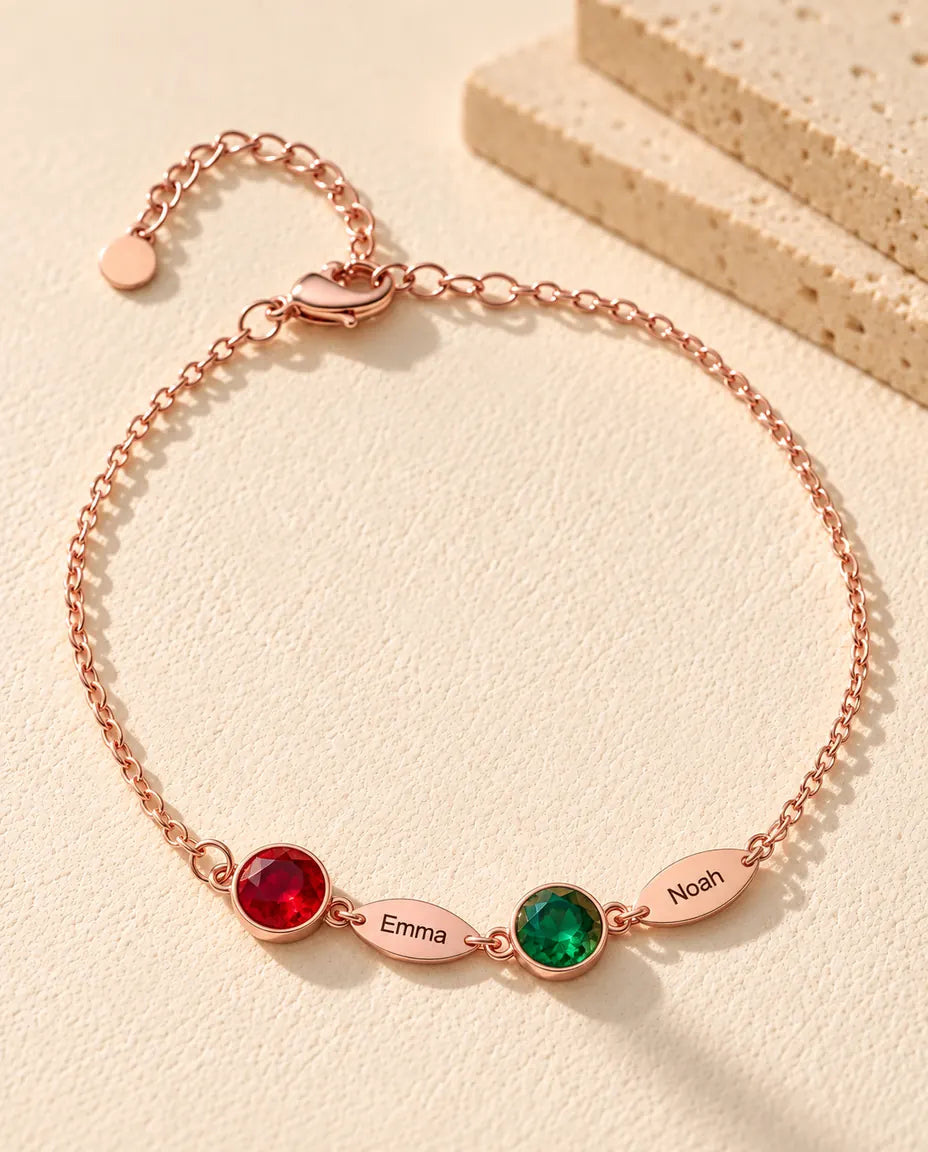 Personalised Birthstone Bracelet with Names - version with 2 names and birthstones