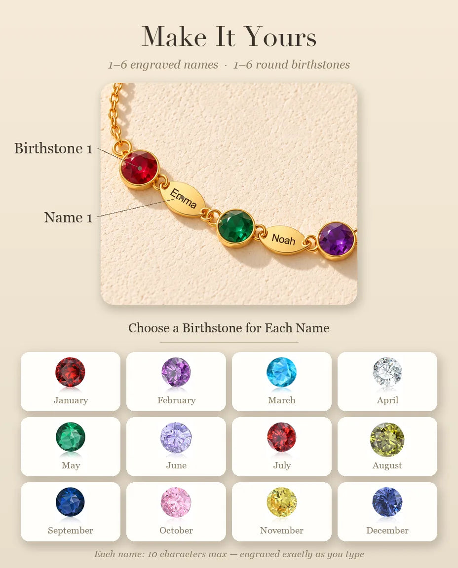 Personalised Birthstone Bracelet with Names - personalisation guide: names and birthstones