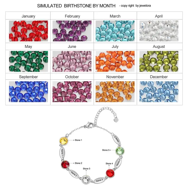 Birthstone Bracelet with Name | Engraved Name Bracelet | Personalised Bracelet | 1-6 Birthstone and Names