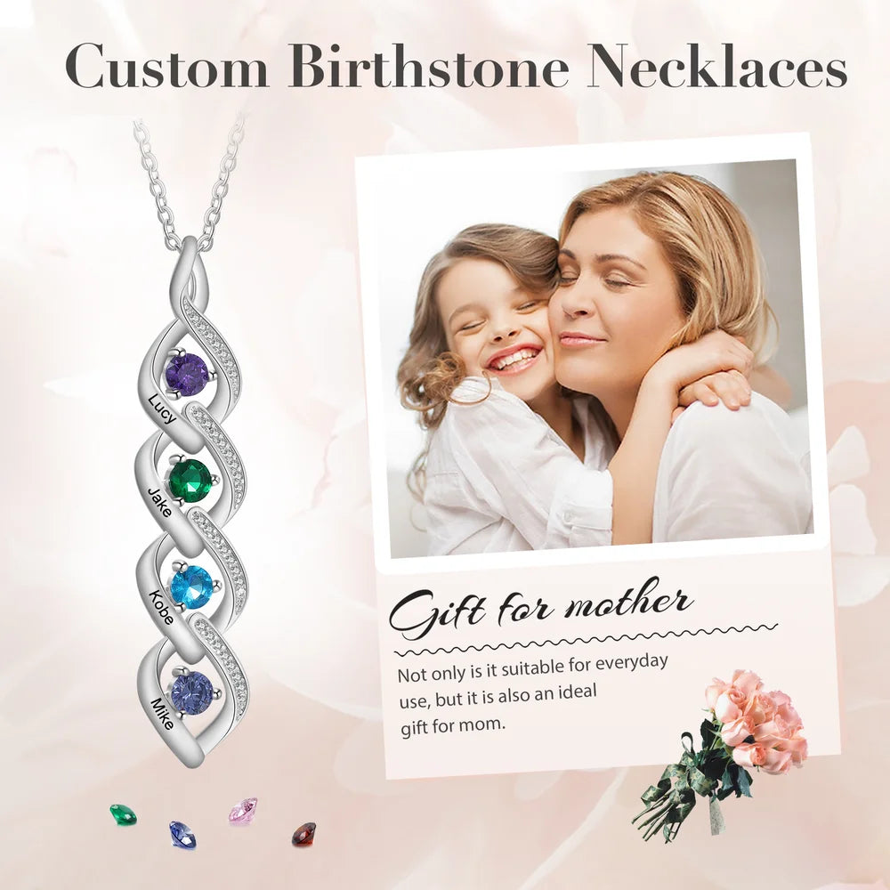 Personalised Birthstones Mum Necklace with Names, Mother's Day Necklace with Names, Personalised Jewellery for Mum