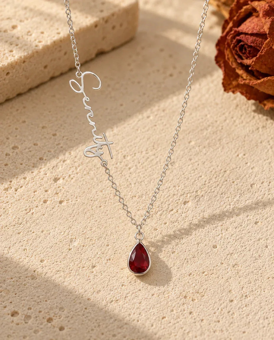 Birthstone Name Necklace - front view in silver