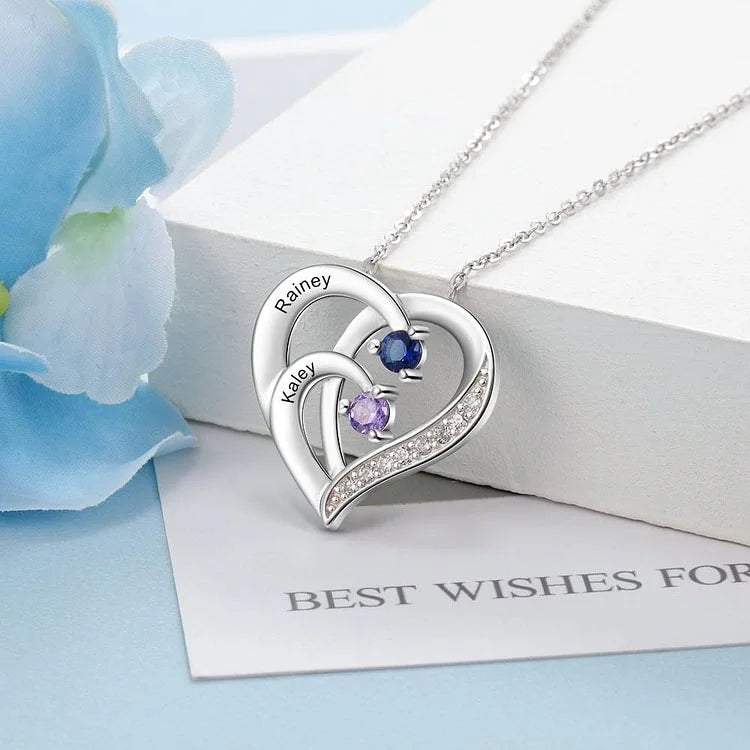 Personalised Necklace - Heart Necklace with 2 Birthstones and 2 Names Sterling Silver