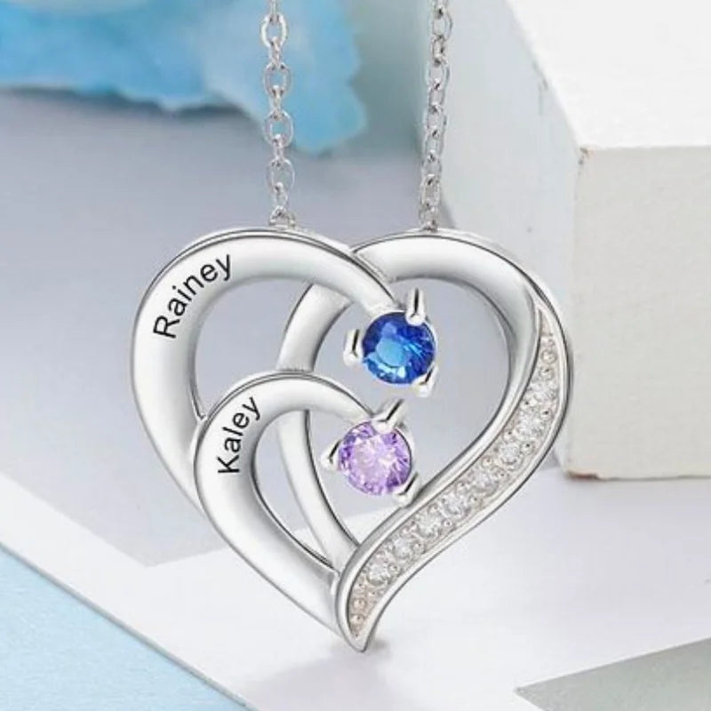 Personalised Necklace - Heart Necklace with 2 Birthstones and 2 Names Sterling Silver