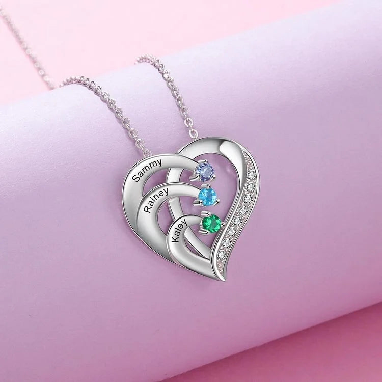 Heart Shaped Personalised 3 Birthstone Necklace with Engraved 3 Names