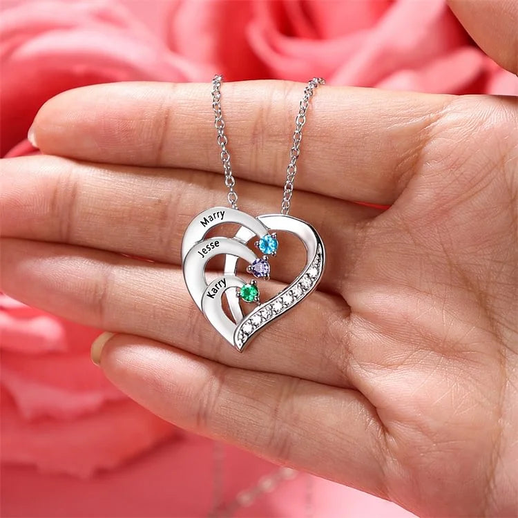 Heart Shaped Personalised 3 Birthstone Necklace with Engraved 3 Names