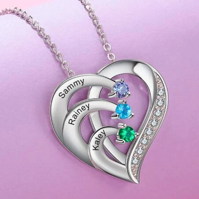 Heart Shaped Personalised 3 Birthstone Necklace with Engraved 3 Names