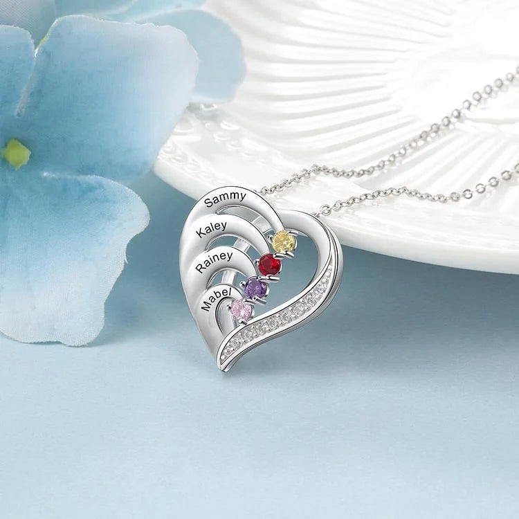 Heart Shaped Personalised 4 Birthstone Necklace with Engraved 4 Names