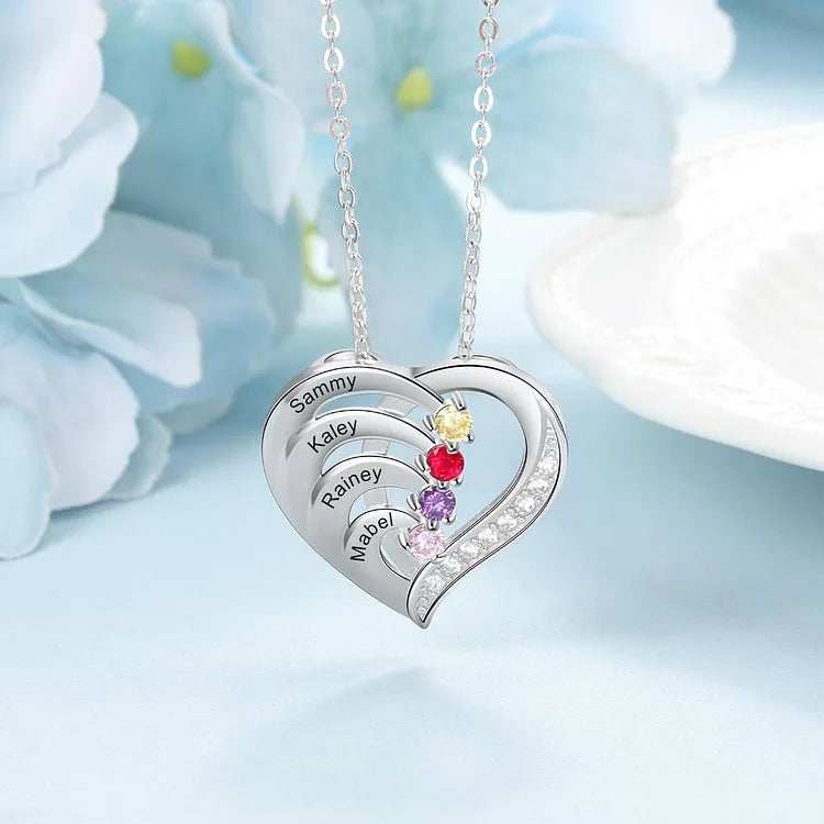 Heart Shaped Personalised 4 Birthstone Necklace with Engraved 4 Names