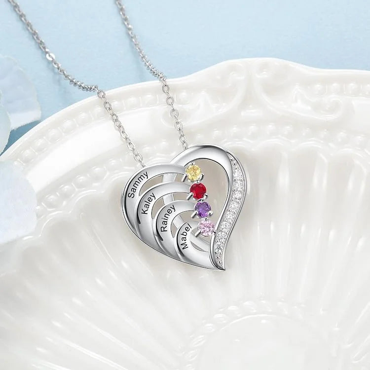 Heart Shaped Personalised 4 Birthstone Necklace with Engraved 4 Names