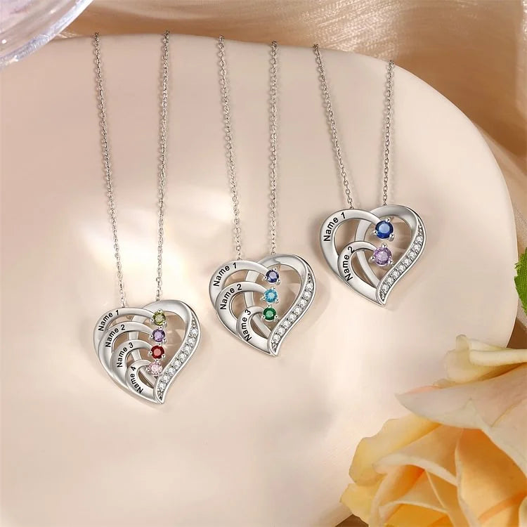 Heart Shaped Personalised 4 Birthstone Necklace with Engraved 4 Names