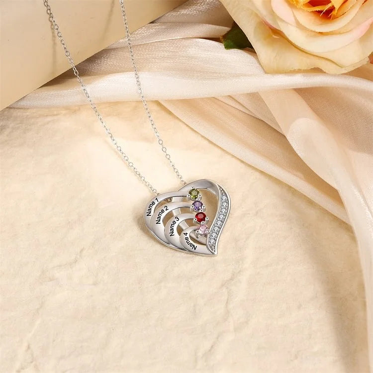 Heart Shaped Personalised 4 Birthstone Necklace with Engraved 4 Names