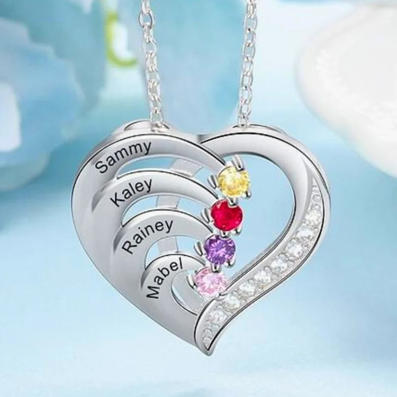 Heart Shaped Personalised 4 Birthstone Necklace with Engraved 4 Names