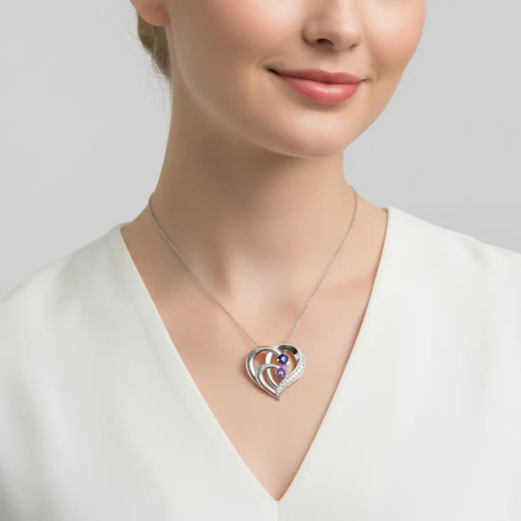 Engraved Sterling Silver Heart Personalised Necklace with Birthstones