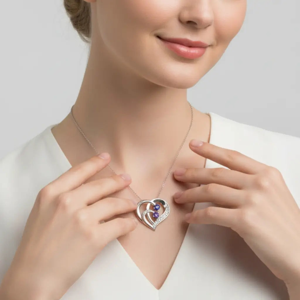 Engraved Sterling Silver Heart Personalised Necklace with Birthstones