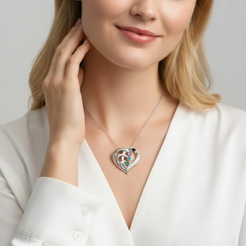 Sterling Silver Heart Name Personalised Necklace with 3 Birthstones